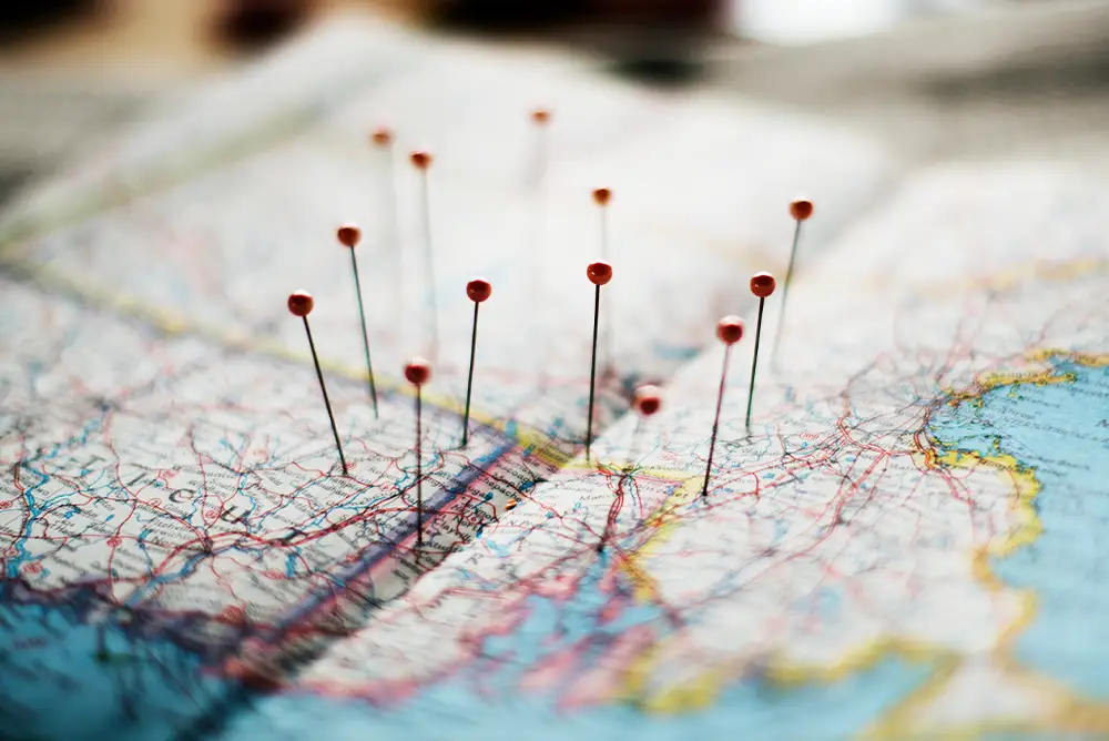A detailed map with pins highlighting popular travel destinations.