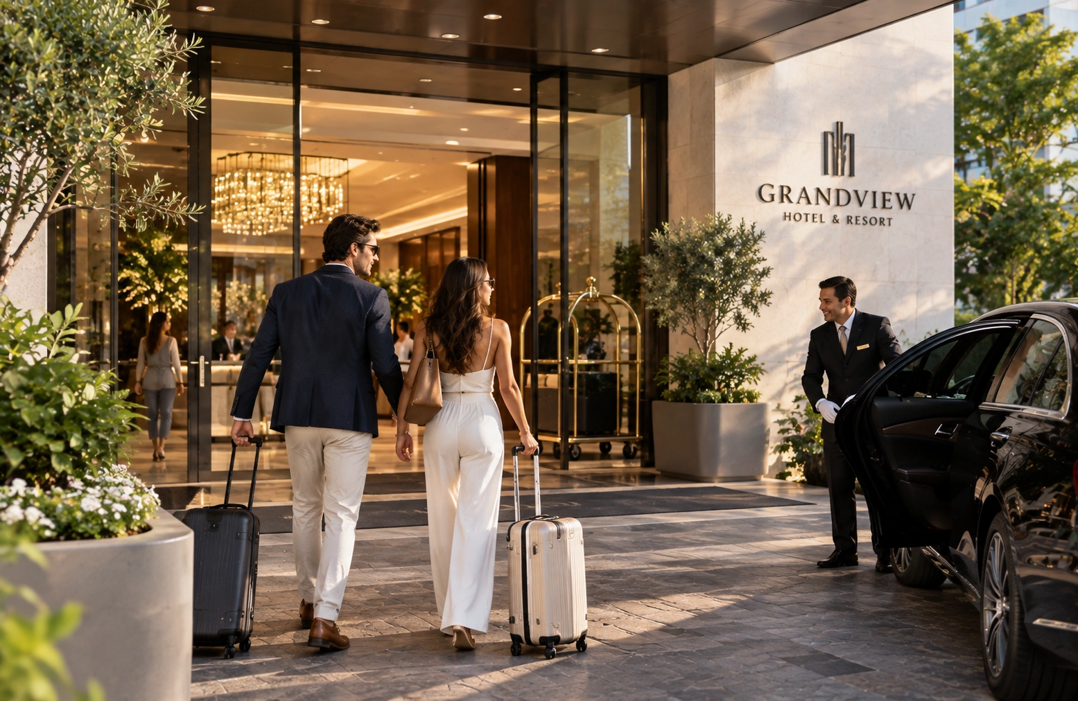 Guests arriving at the entrance of a modern hotel.